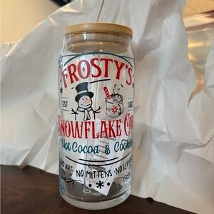 Frosty's Snowflake Cafe Glass Cup w/ Bamboo Lid
